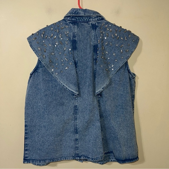 NWT Anthropologie Let Me Be Denim Rhinestone Vest Flutter Sleeve Embellished Top - Picture 5 of 5